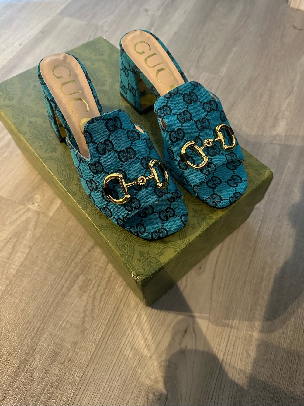 Gucci Teal GG Jacquard Horsebit Block Heel Mules
